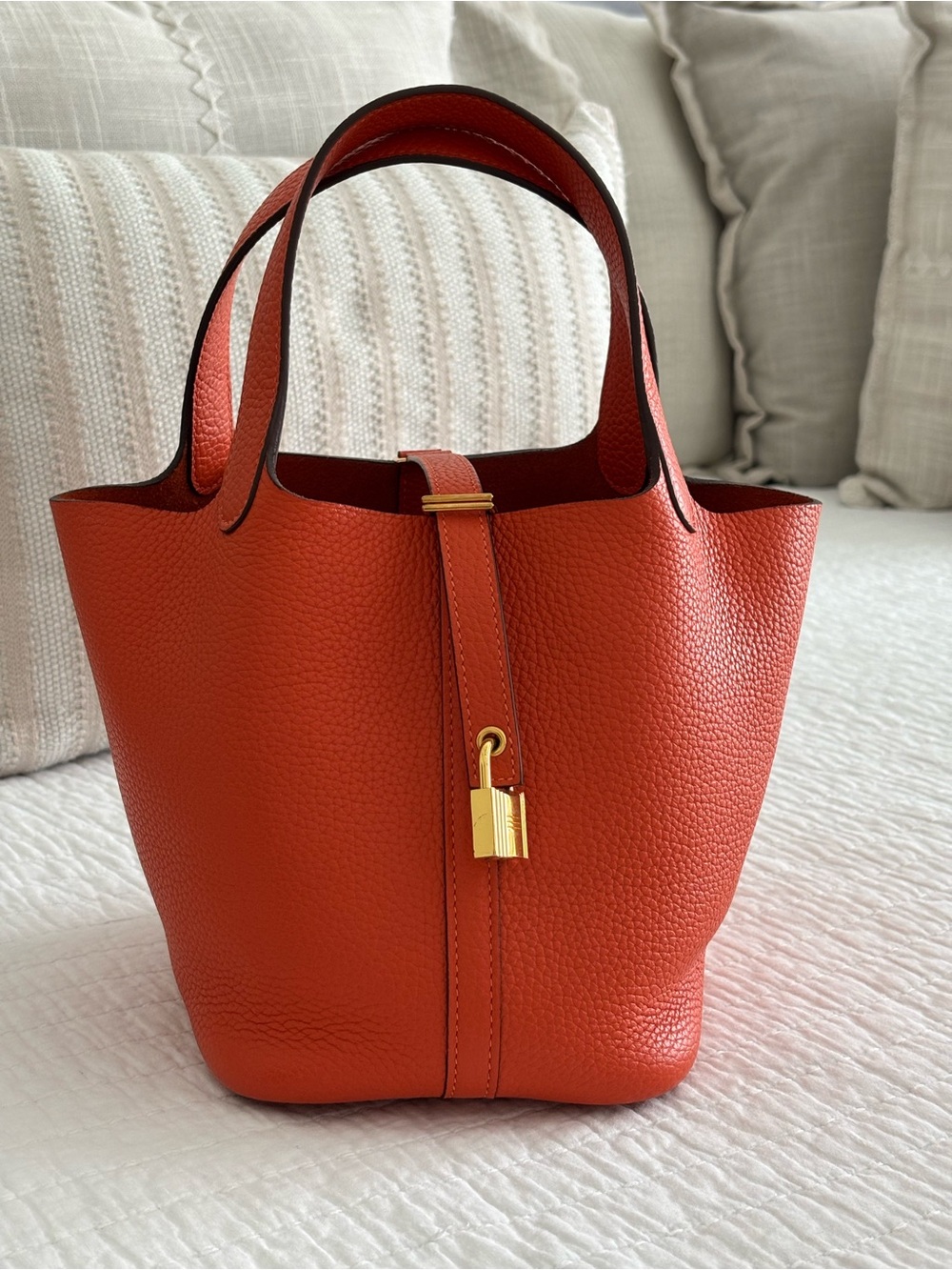 Designer Inspired Fall Orange Pebbled Leather Bucket Purse Tote with Gold Lock